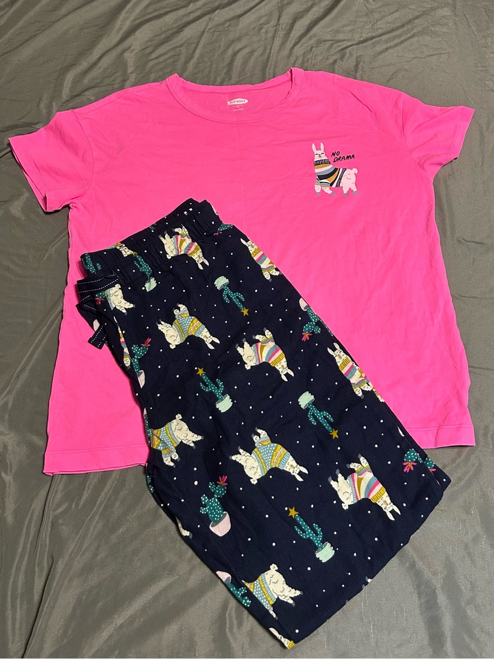 Bright Pink Short-Sleeve Pajama Top with Navy Llama Print Pants